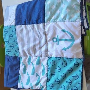 Whale and Anchor Toddler Kids Quilt in Blue and Teal Green